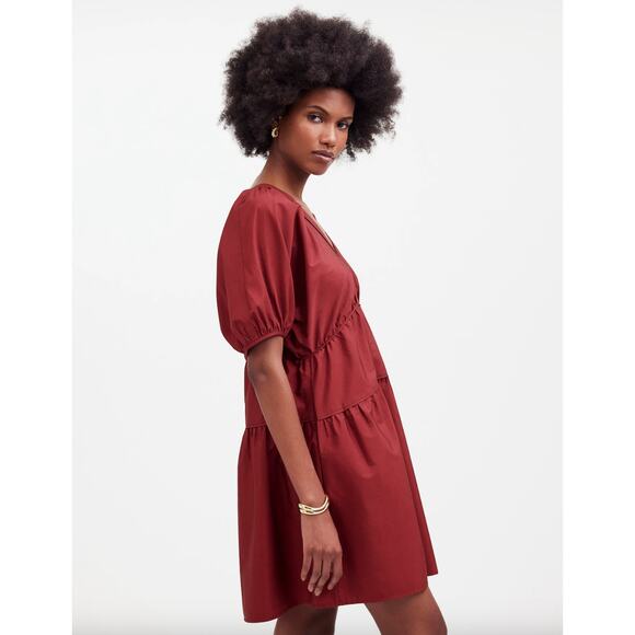 Madewell Puff Sleeve Mini Dress Poplin Claret Burgundy A Line Pockets Medium NWT - Picture 4 of 14